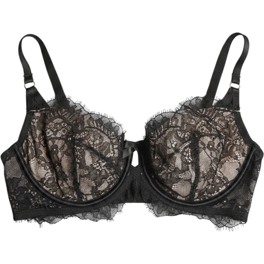 Victoria Secret Nude Illusion Bra 34D Very Sexy Black Lace Overlay Unlined Demi